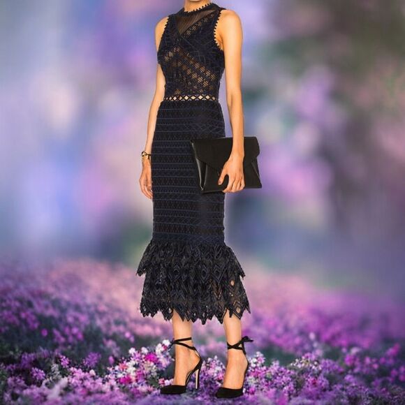 Jonathan Simkhai Sheer Lace Dress Sz 2 Midi NEW Lattice Embroidered Trumpet - Picture 13 of 16